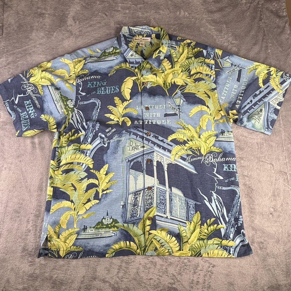 Tommy Bahama Shirt Mens XL Blue Silk King of the Blues Camp Hawaiian Loop Collar